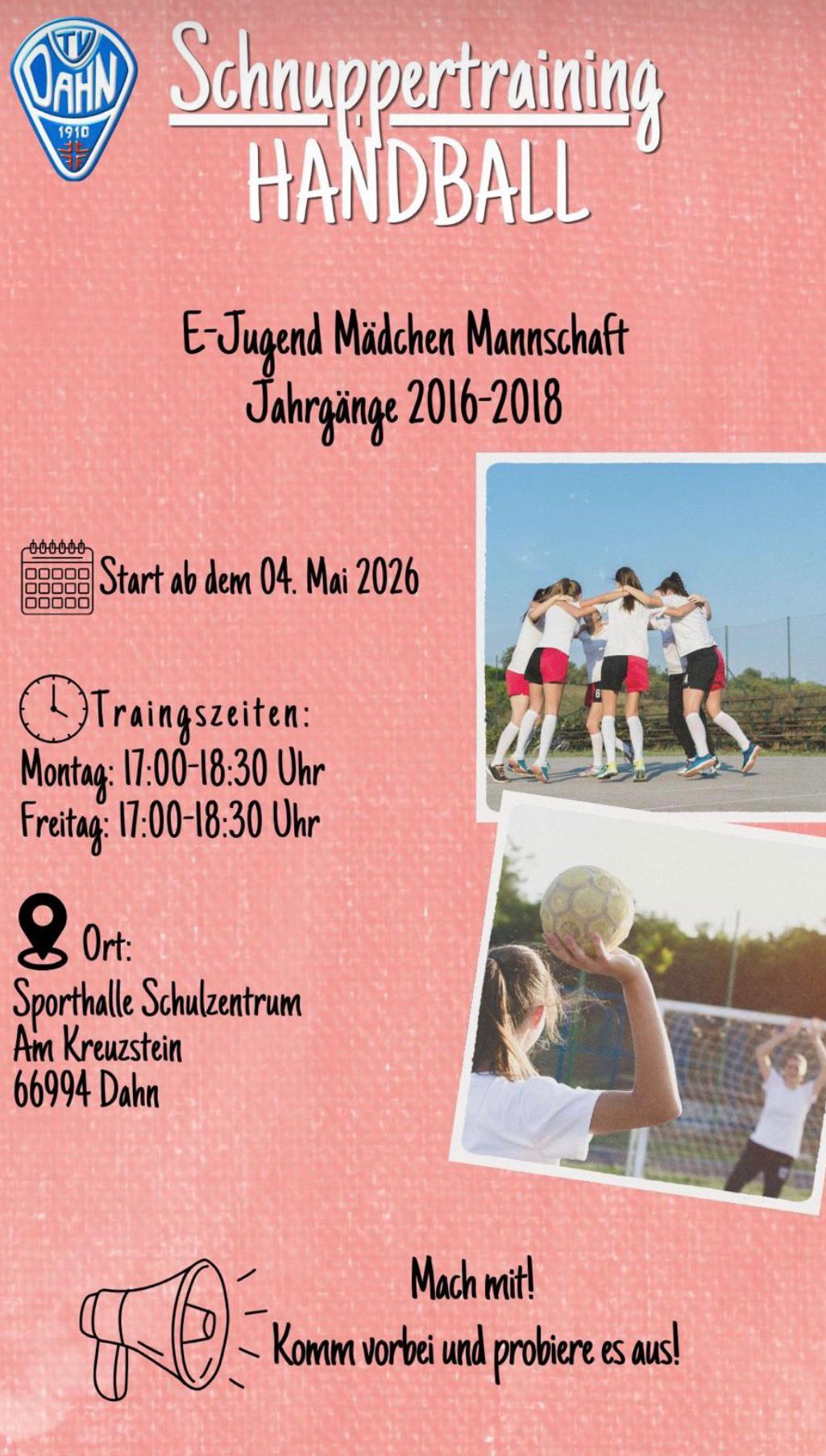 Schnuppertraining weibliche E-Jugend Handball TV Dahn